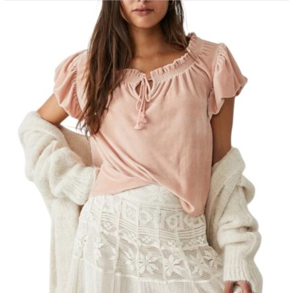 Free People Tops - Free People Terese Pink Velvet Flutter Top New W Tag Small Flirty